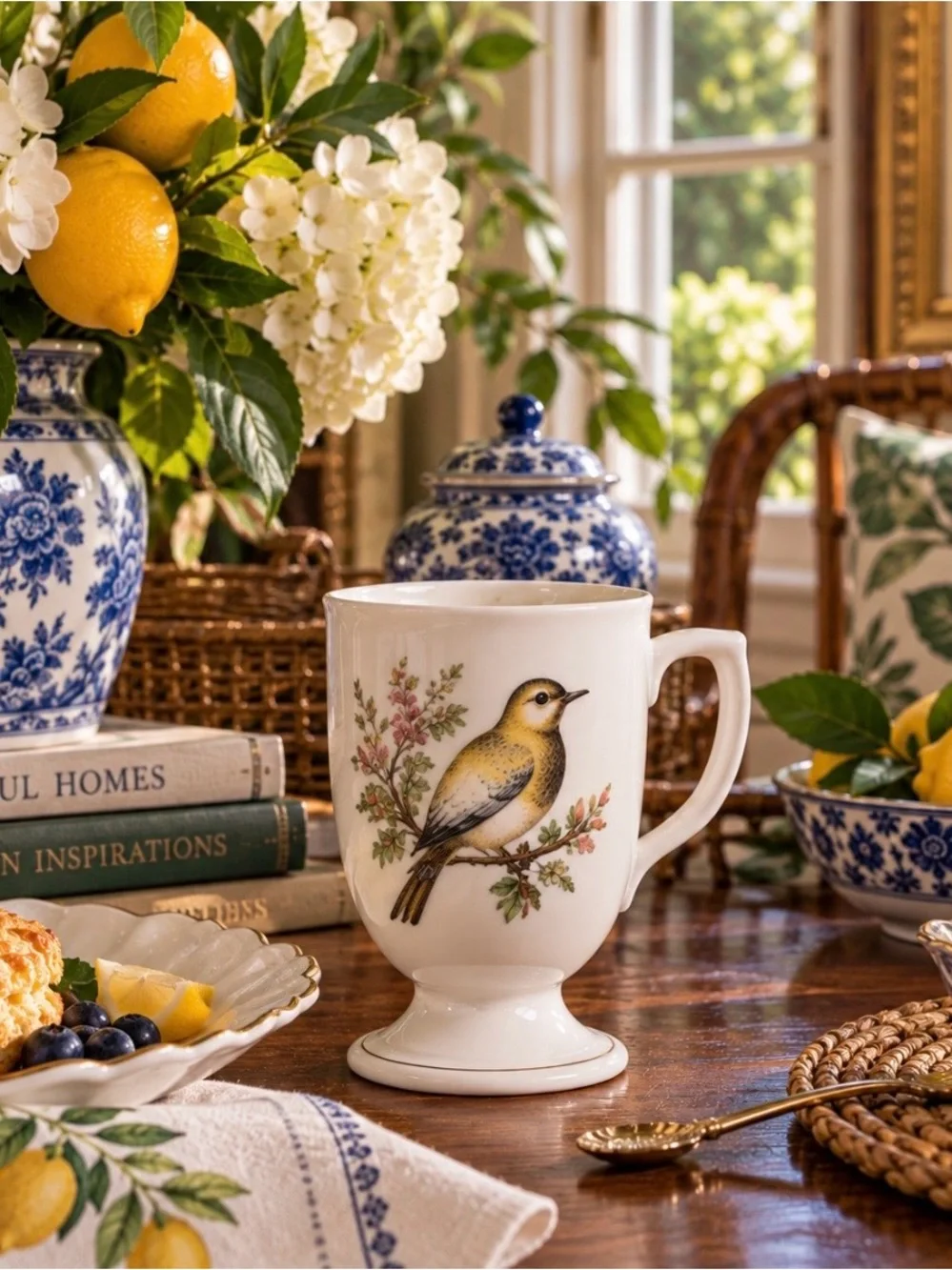 Unique Vintage White Porcelain Bird Footed Mugs with Multicolor Floral Accents